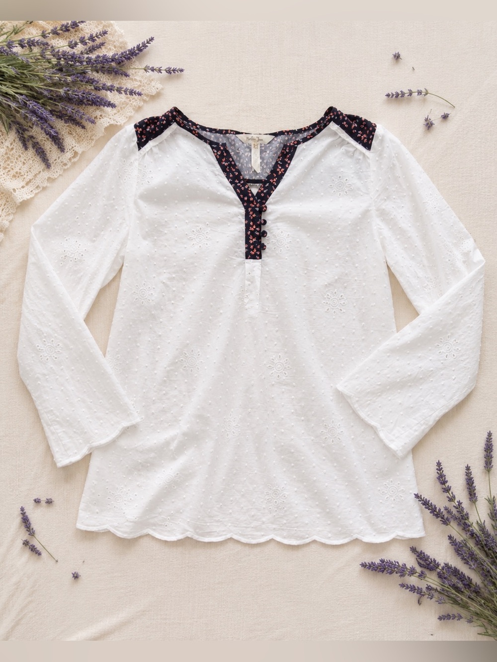 Matilda Jane White Eyelet Embroidered Scalloped Hem Blouse Floral Trim